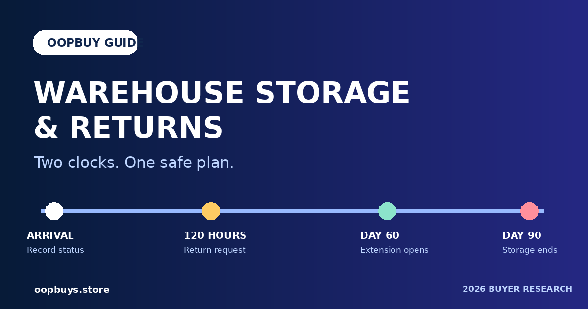 Timeline comparing OOPBuy's 120-hour return window with 90-day warehouse storage